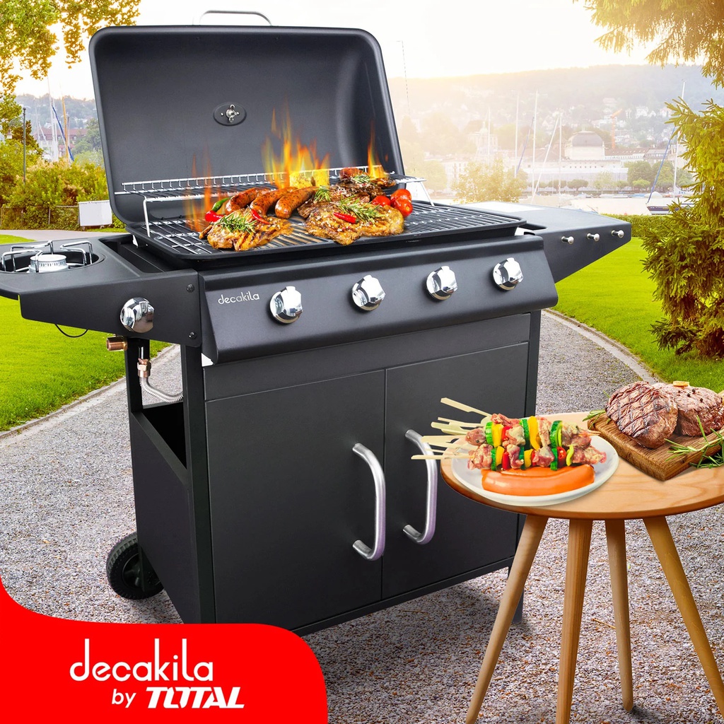 ASADOR DE GAS 4 QUEMADORES CON TAPADERA / LLANTAS 32.2" DECAKILA KMGS006B NEGRO