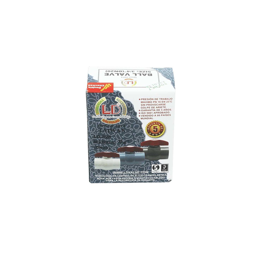 Valvula balin 3/4" pvc sin rosca perilla roja ld-828 gris