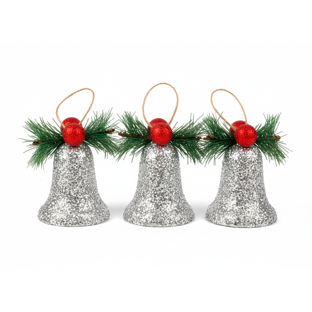 Adorno navideño campana colgar 3pc 7x10cm plateado