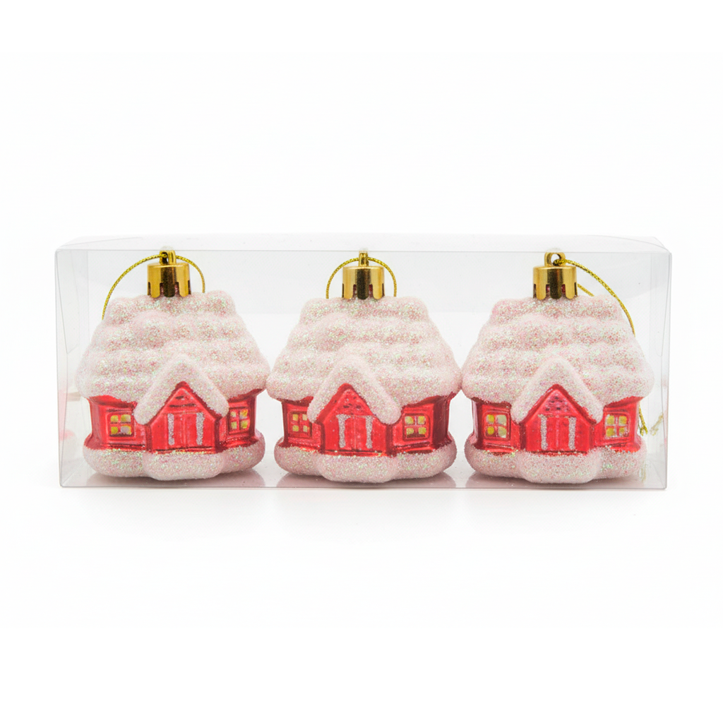 Adorno navideño casa colgar 3pc 6cm rojo/blanco