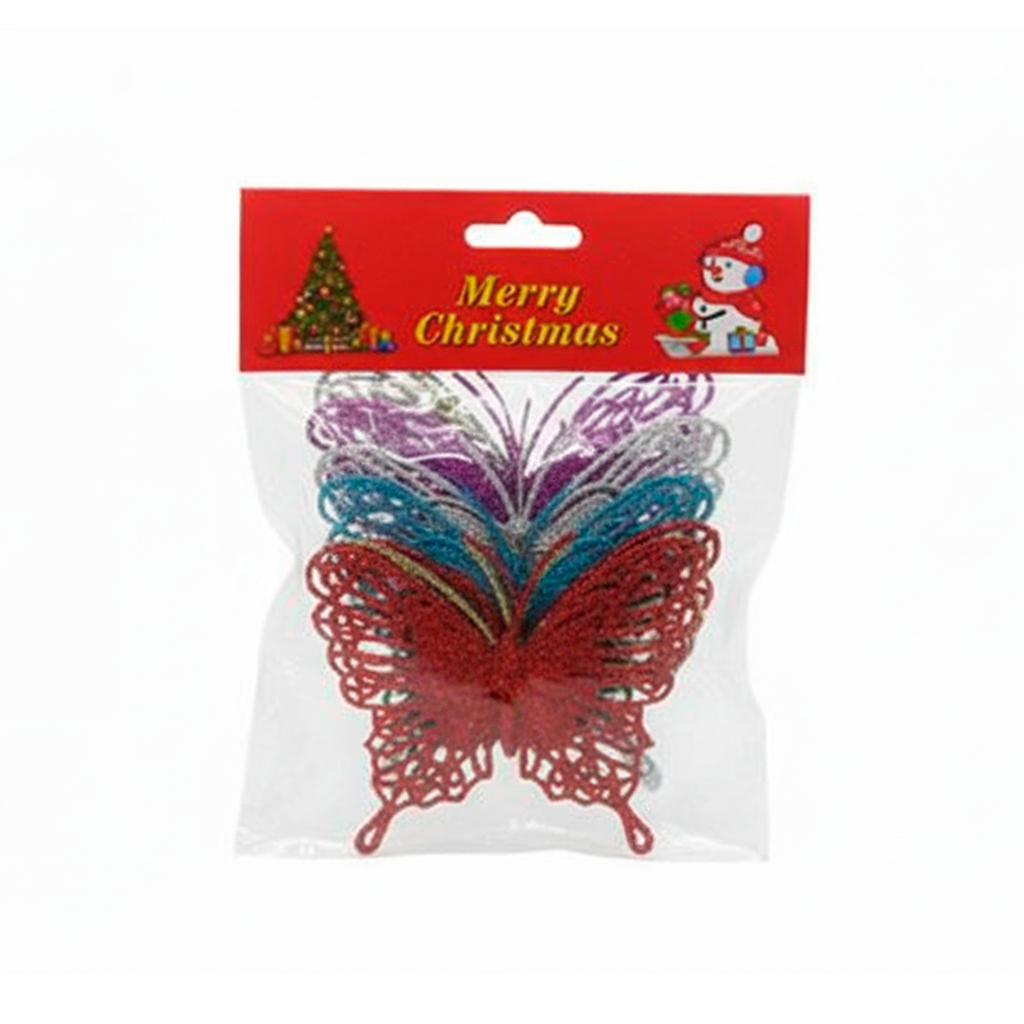 Adorno navideño mariposa 6pc 8cm varios colores