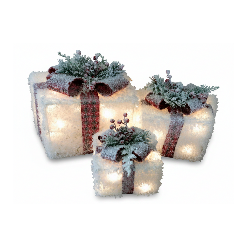 Adorno navideño regalo 3pc con luz 15/20/25cm blanco