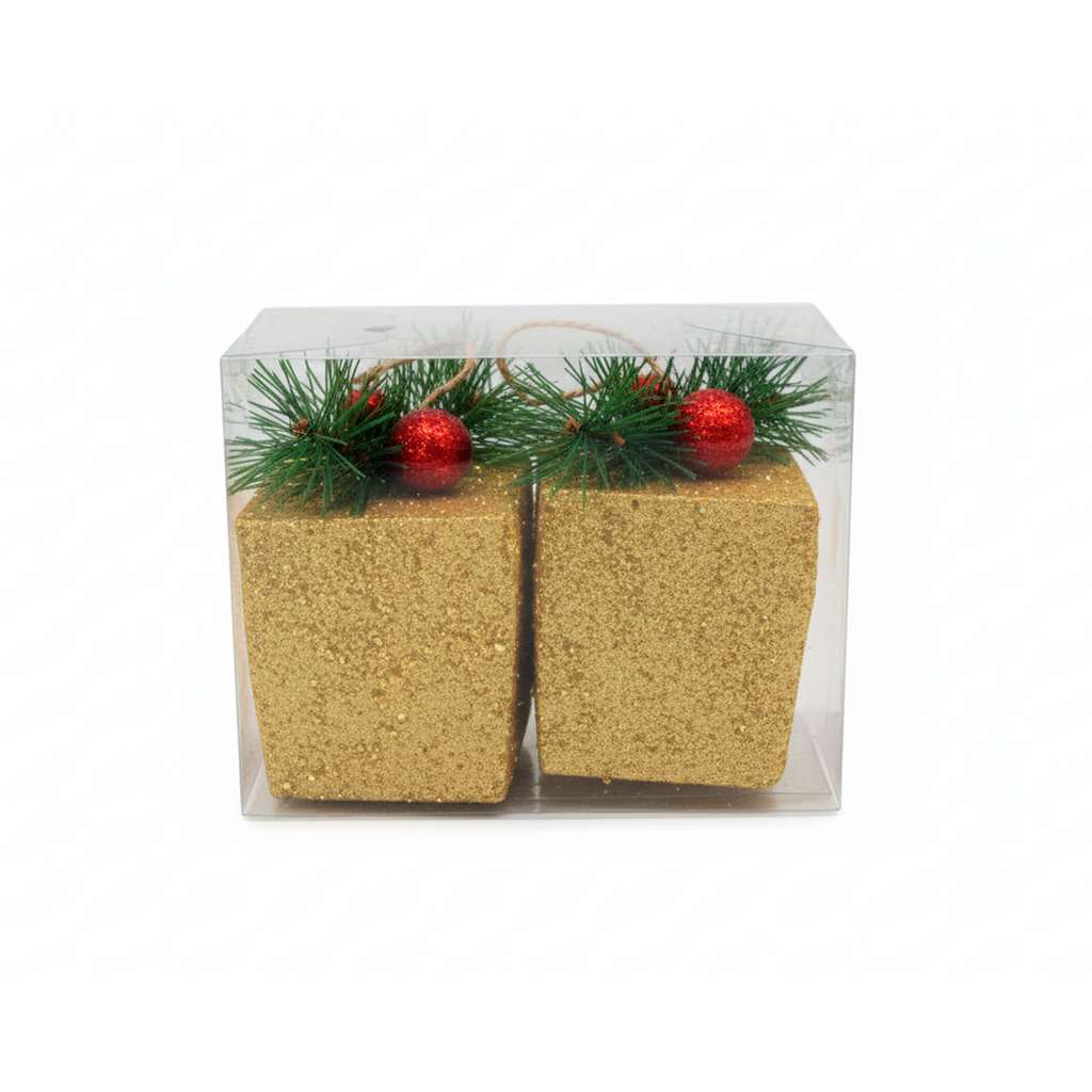 Adorno navideño regalo colgar 2pc 8x11cm dorado