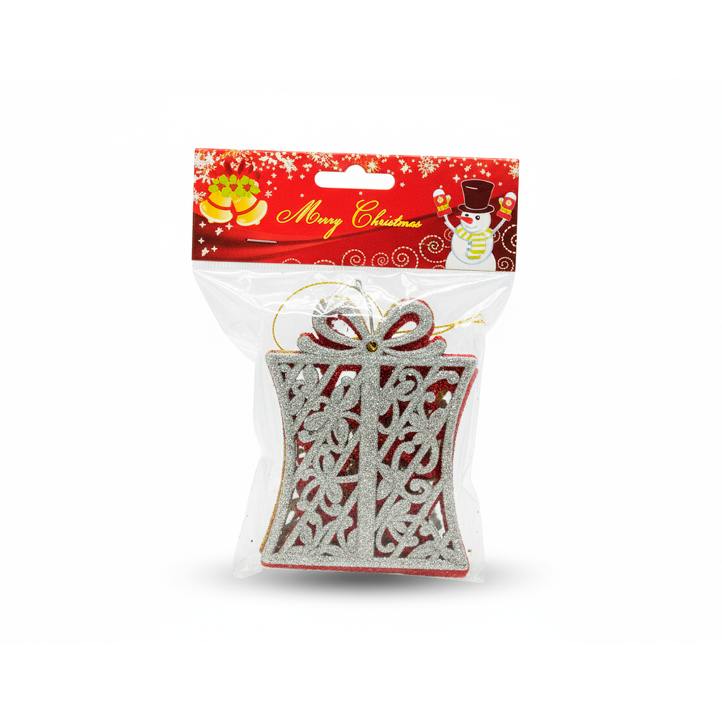 Adorno navideño regalo colgar 3pc 10cm dorado/rojo/plateado